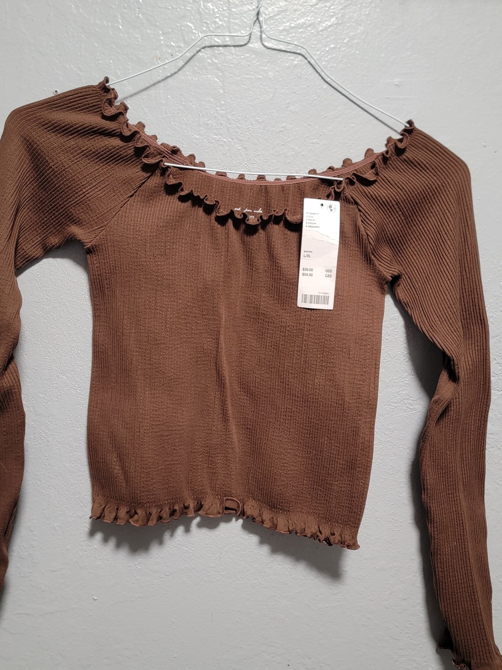 Urban Outfitters Brown Ribbed Long-Sleeve Scoop Top with Lettuce Edge